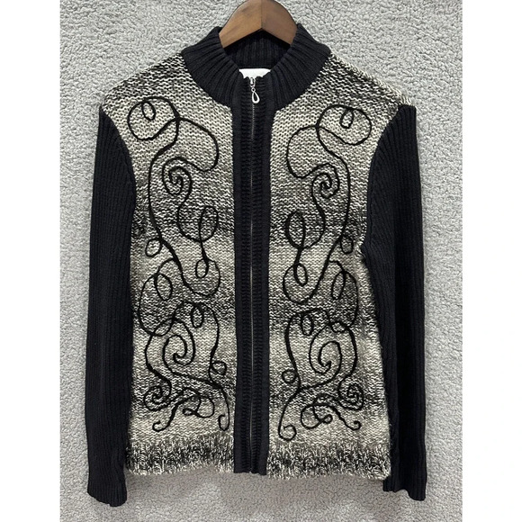 Breckenridge Cardigan Womens Medium Black Embroidered Wool Blend Full Zip Luxury - Picture 1 of 7